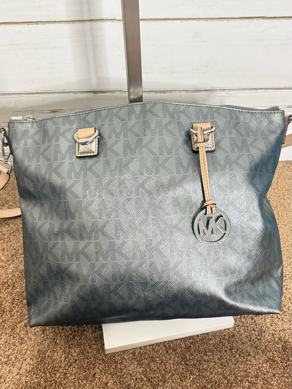 Michael Kors Metallic Silver MK Logo Large Tote